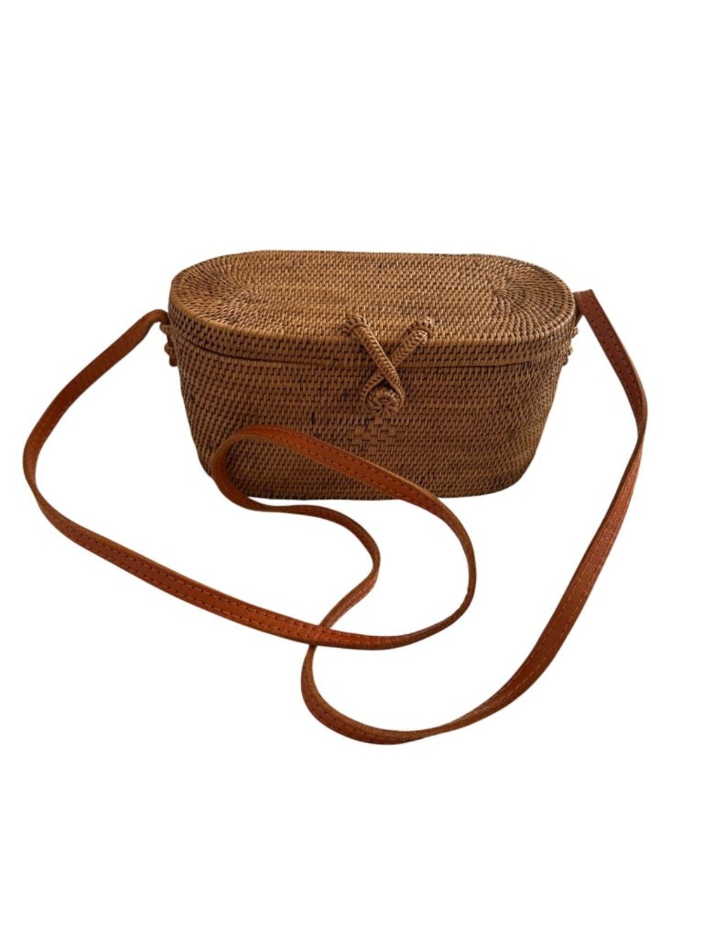 Beachgold Womens Handwoven Loop-and-knot Closure Rattan Crossbody Bag Tan Boho